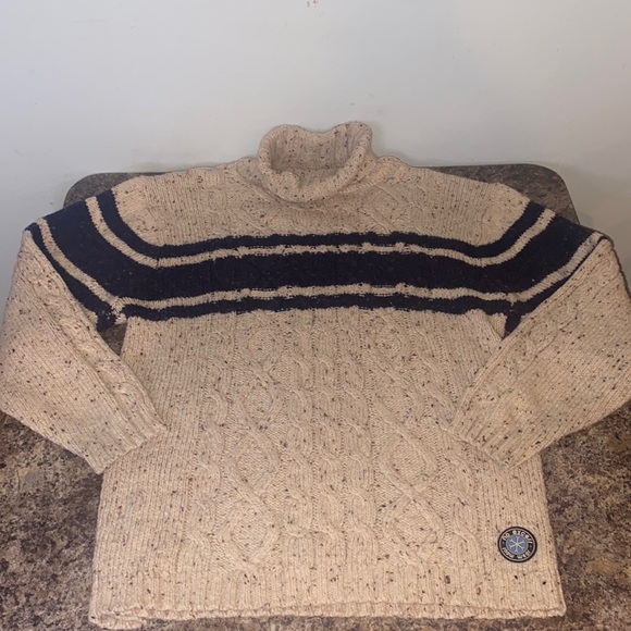 No Excess Snow Wear Wool Blend Striped Creme Cable Knit Turtleneck Sweater-Sz M - Picture 9 of 12